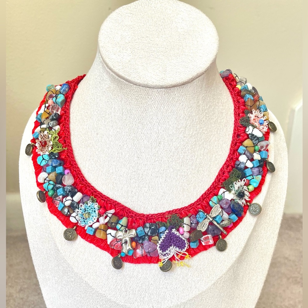 Red, Ribbon Choker Necklace, Beaded Bib Necklace, Lace Art Necklace, Flower Neck